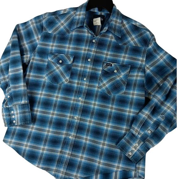 Wrangler Other - Wrangler Western Shirt Mens XL Blue Plaid Pearl Snap Rodeo Cowboy Twill